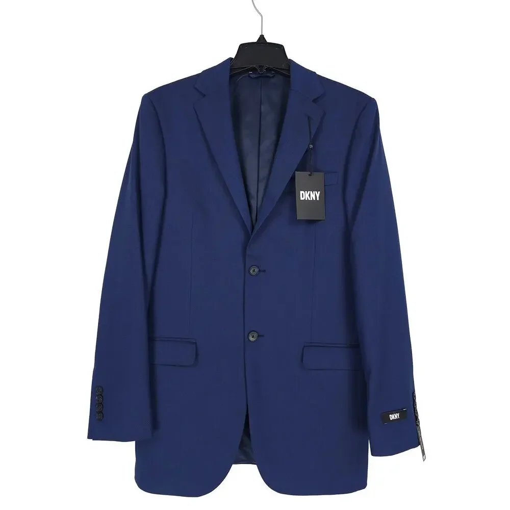DKNY Mens Modern Fit 2 Piece Suit 38L 32x32 Blue Solid Birdseye Stretch NWT